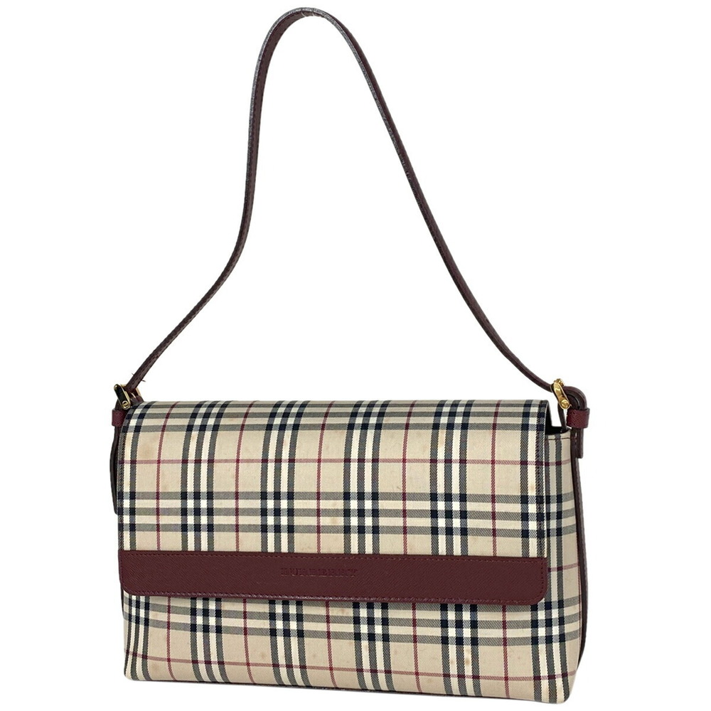 Burberry logo shoulder bag check canvas beige Burgundy Red